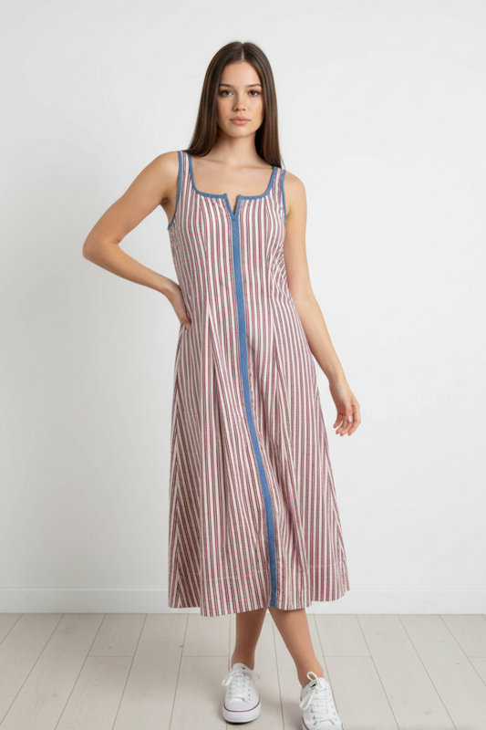 Thin Strap Striped Dress - White