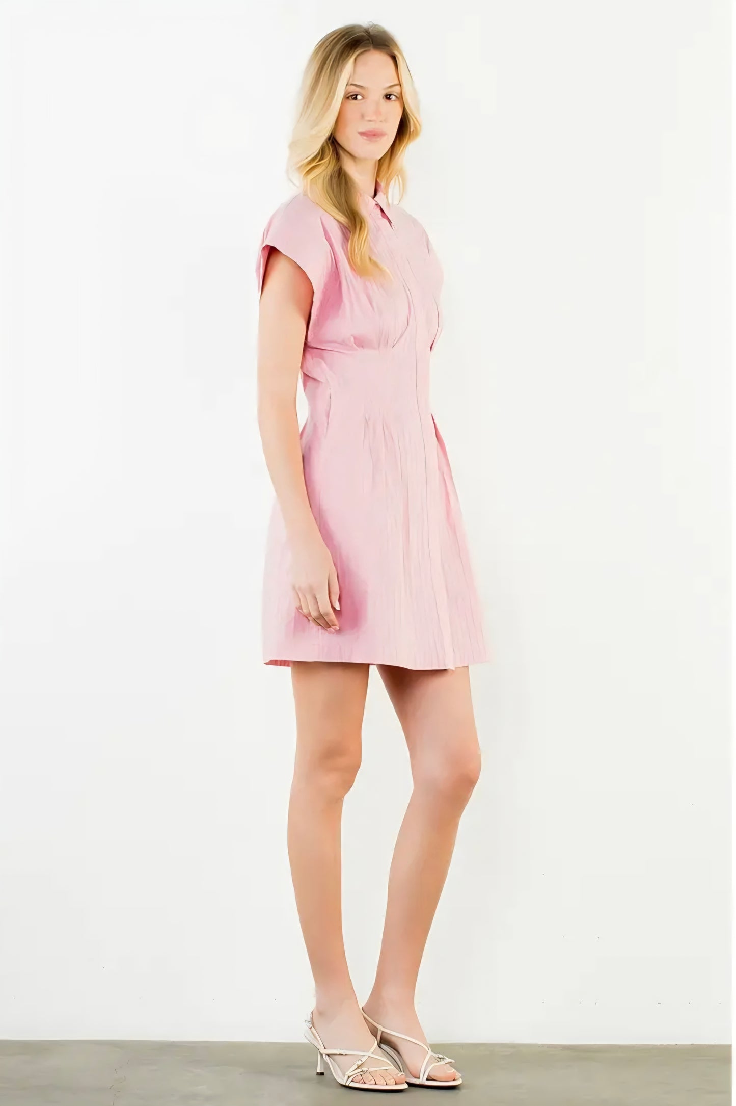 Short Sleeve Striped Button Down Dress - Pink