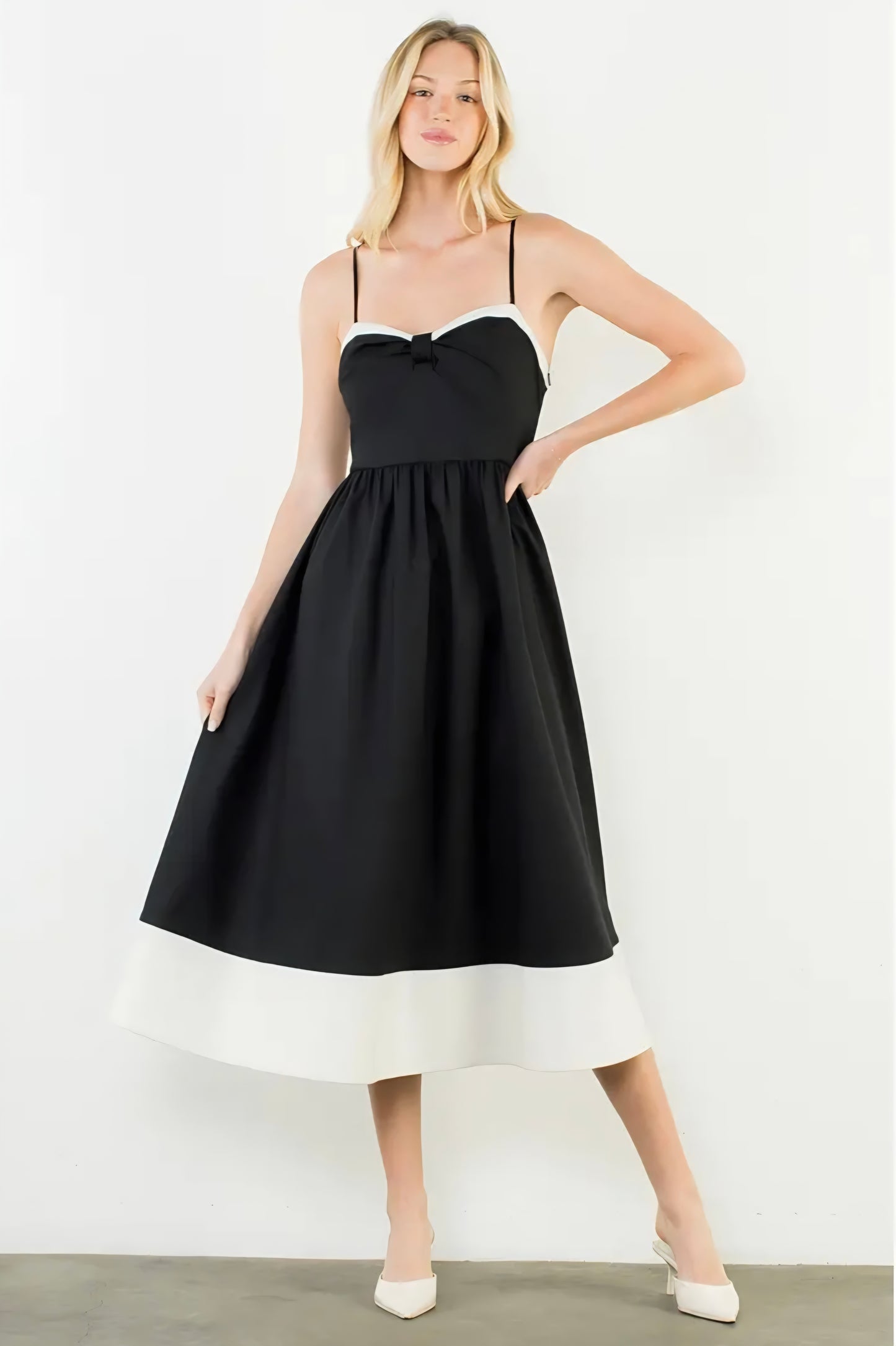 Thin Strap Bow Detail Midi Dress - Black