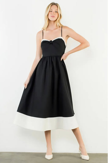 Thin Strap Bow Detail Midi Dress - Black