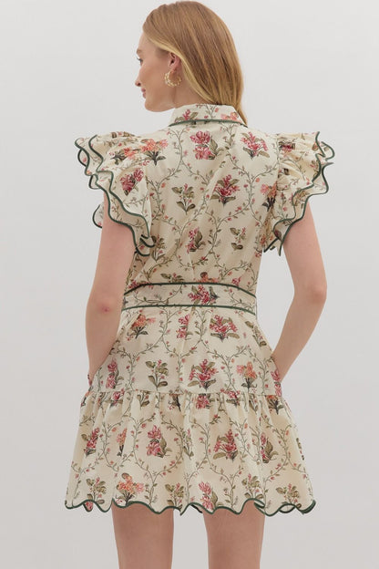 Sara Floral Ruffle Mini Dress - Ecru