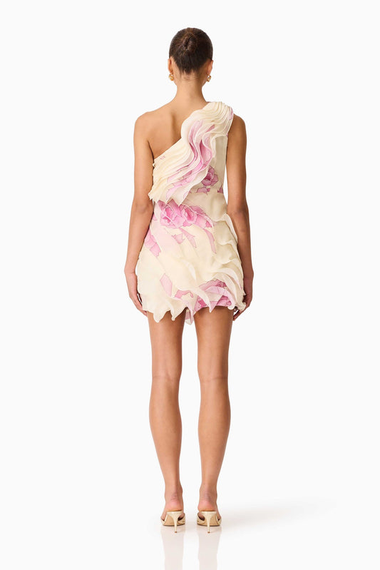 Rova One Shoulder Mini Dress in Cream & Pink Floral