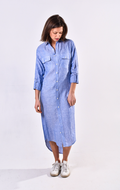Sky Blue Linen Girlfriend Midi Dress