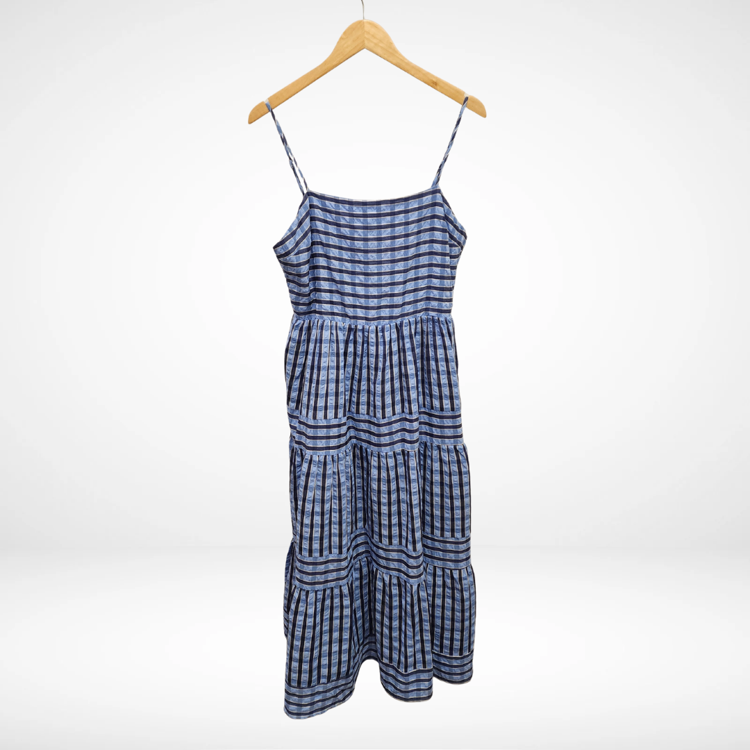 Thin Strap Striped Pattern Tiered Dress - Blue