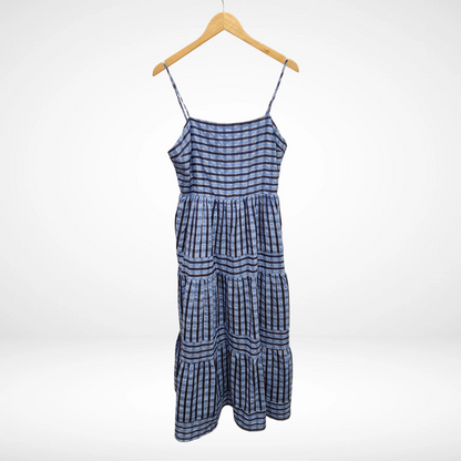 Thin Strap Striped Pattern Tiered Dress - Blue