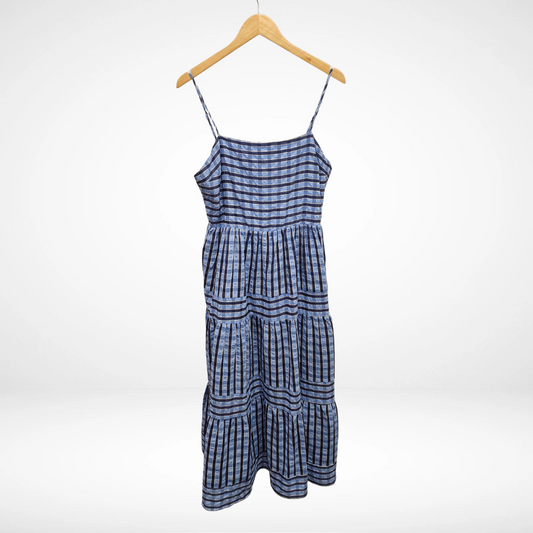 Thin Strap Striped Pattern Tiered Dress - Blue