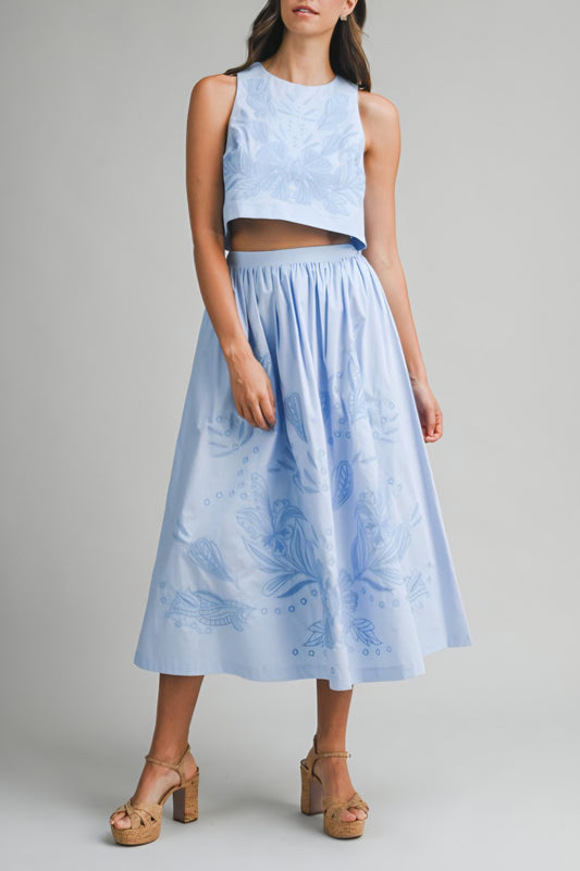 Lilou Embroidered Crop Top & Midi Skirt Set - Blue
