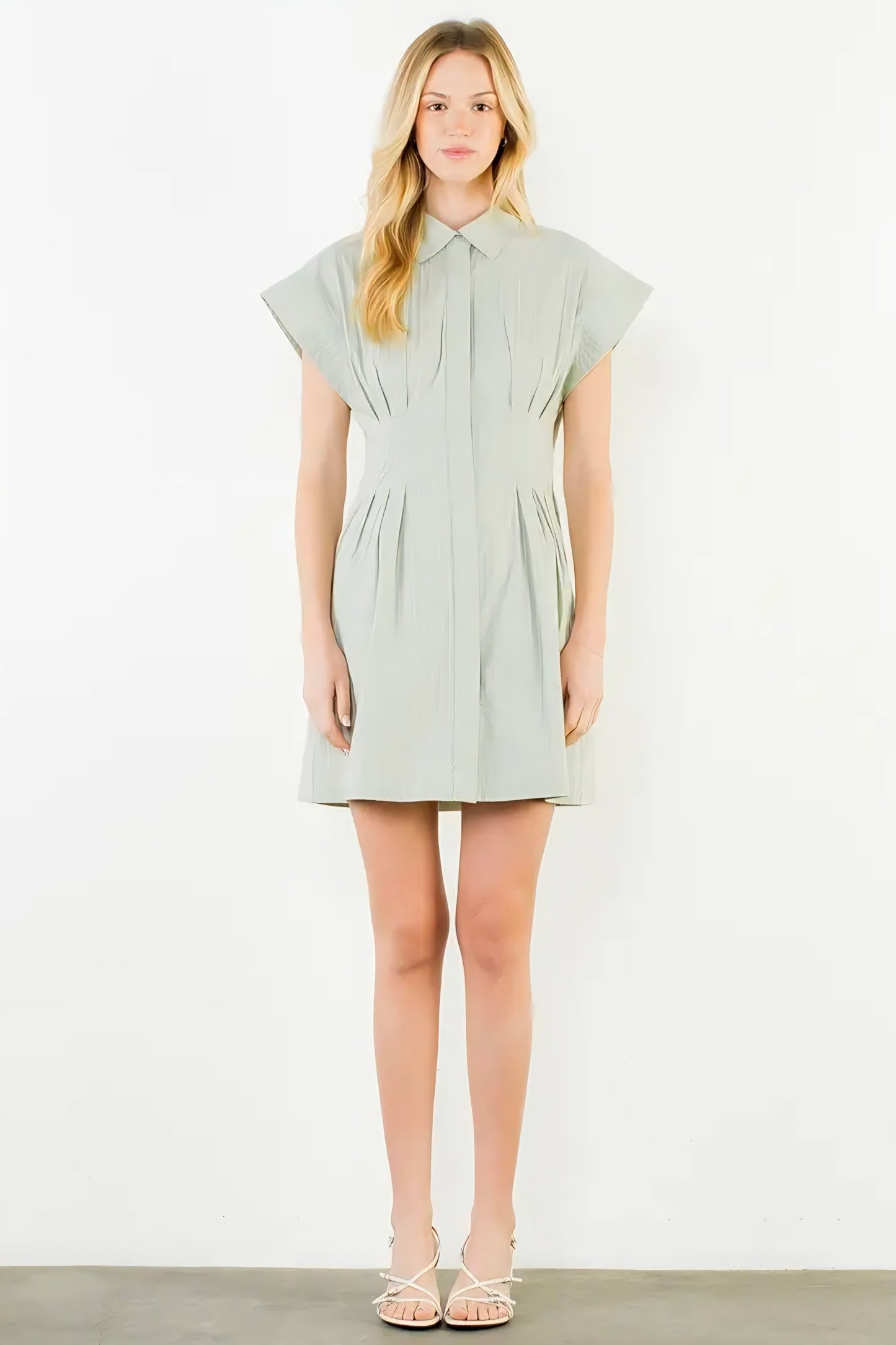 Short Sleeve Striped Button Down Dress - Green