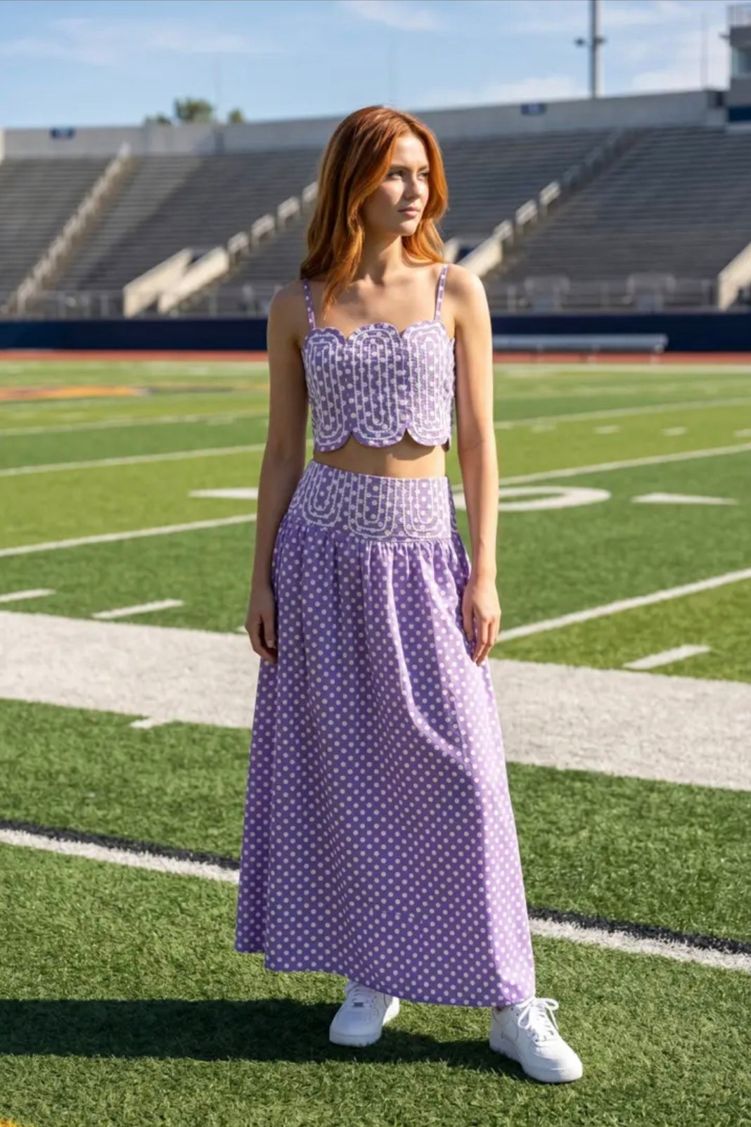 Trim Appliqué Crop Top and Polka Dot Maxi Skirt Set - Purple/White