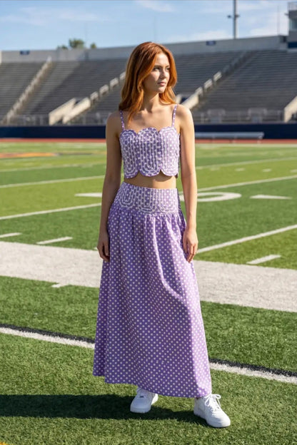 Trim Appliqué Crop Top and Polka Dot Maxi Skirt Set - Purple/White