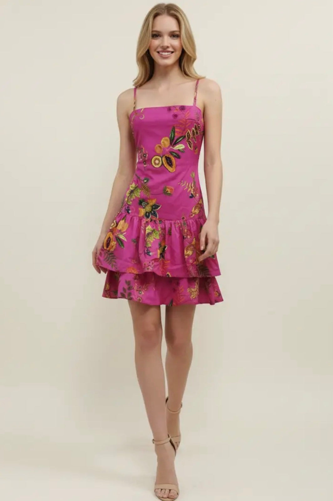 Tropical Fruit Print Mini Dress - Super Pink