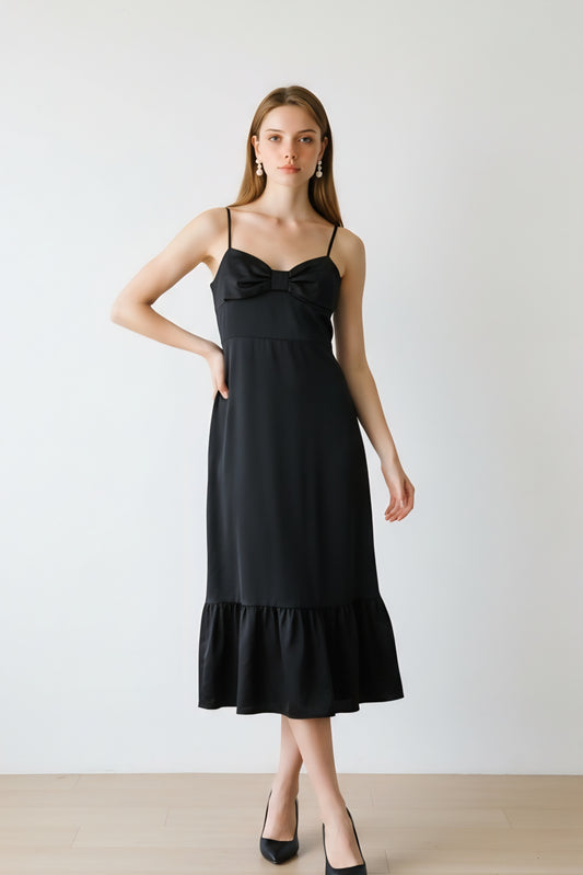 Thin Strap Large Bow Detail Midi Dress - Black