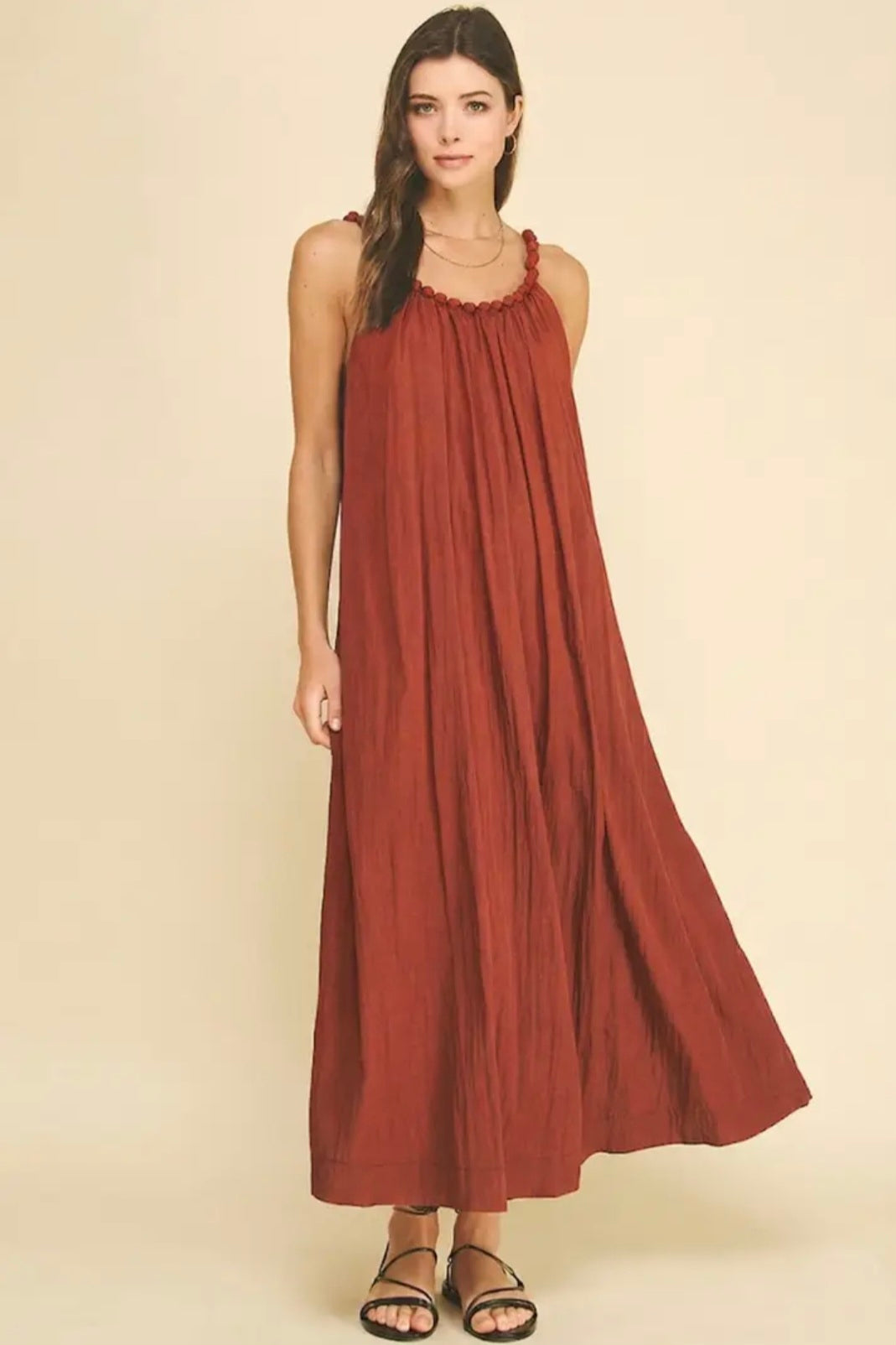 Solid Maxi Dress with Ball Trim Neckline - Rust