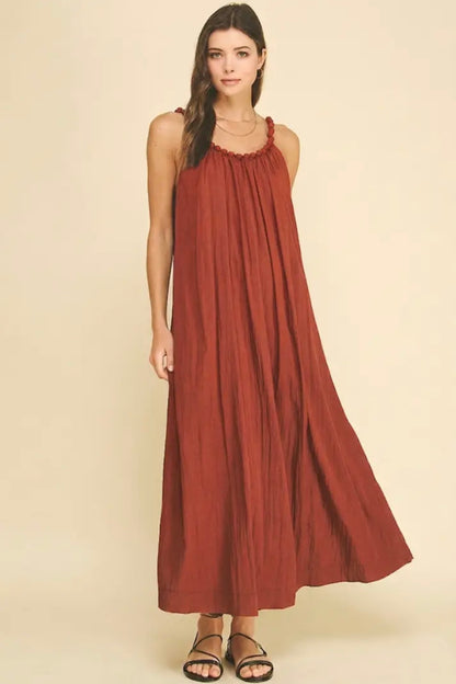 Solid Maxi Dress with Ball Trim Neckline - Rust