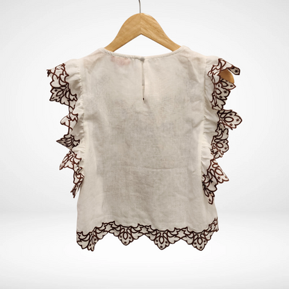 Ruffle Sleeves Embroidery Detail Top - White