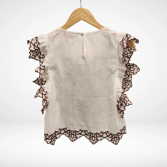 Ruffle Sleeves Embroidery Detail Top - White