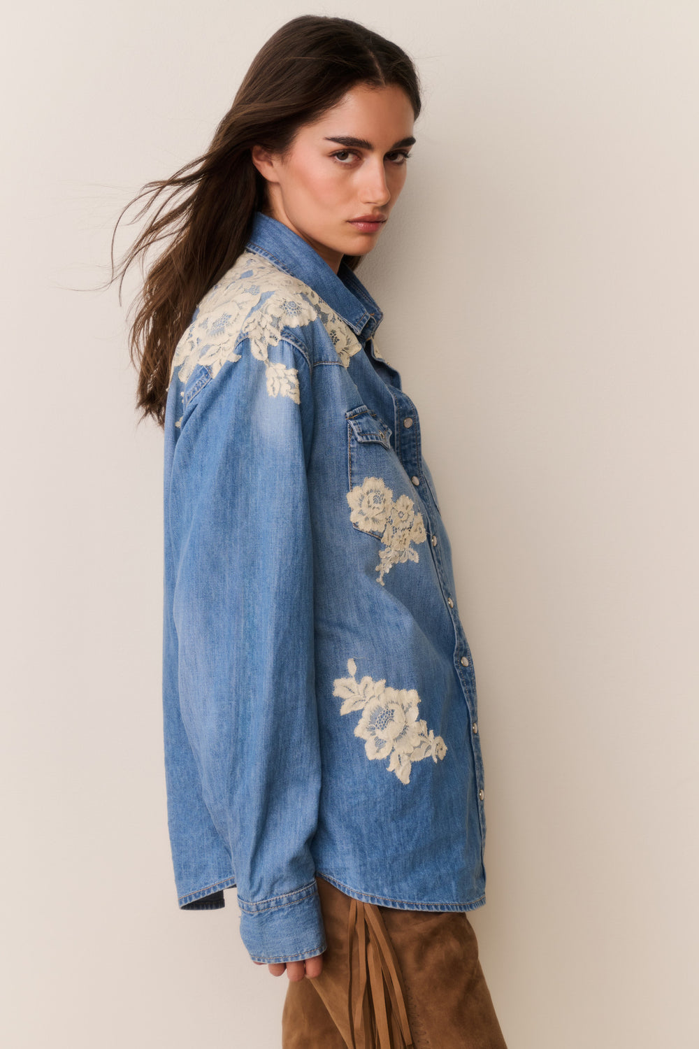 Kelith Lace Appliqué Chambray Shirt - Denim