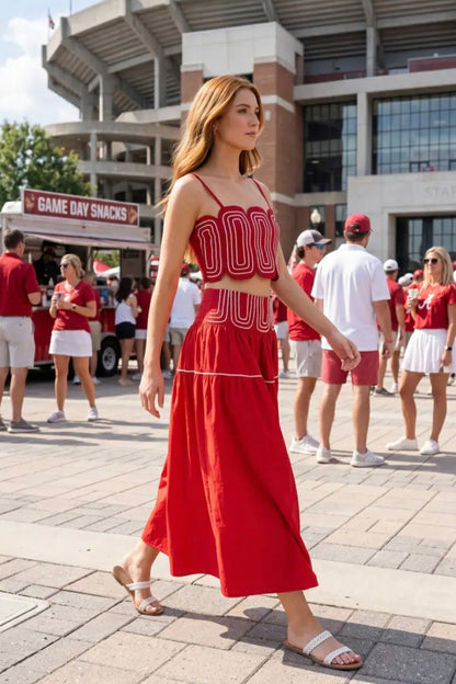 Exclusive Lace Trimmed Top & Skirt Set - Red/White