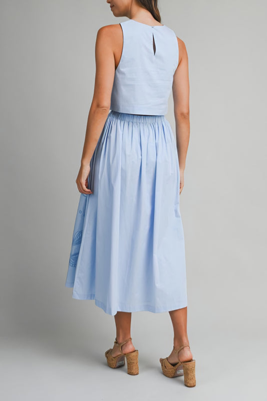 Lilou Embroidered Crop Top & Midi Skirt Set - Blue