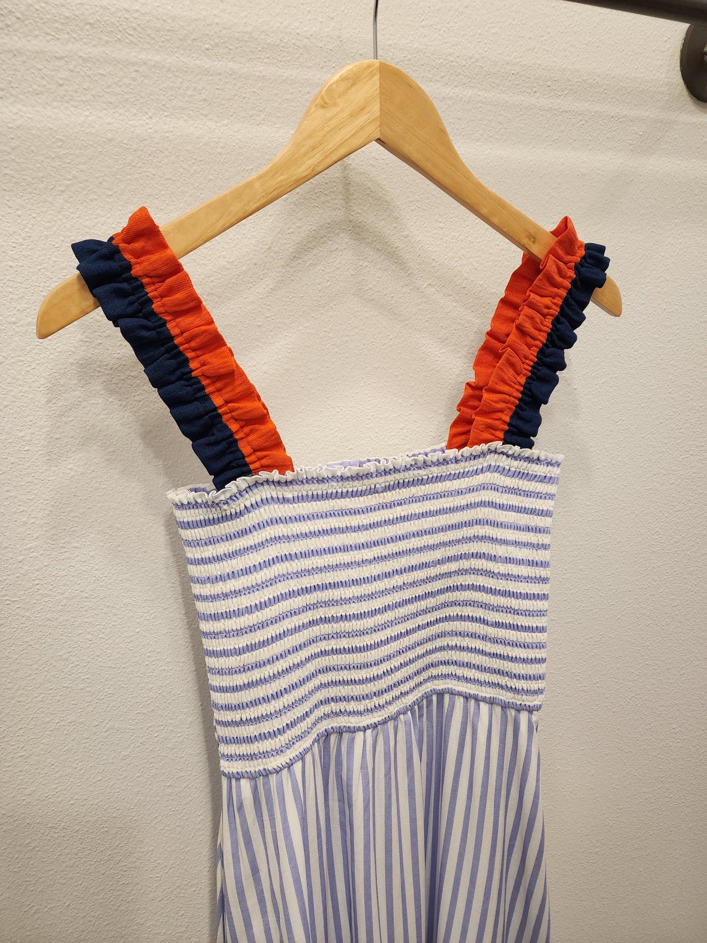 Ruffled Thin Strap Striped Tiered Midi Dress - Light Blue