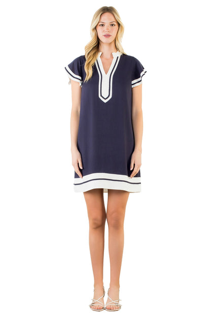 Flutter Sleeve V-Neck Dress - Navy - Spinout