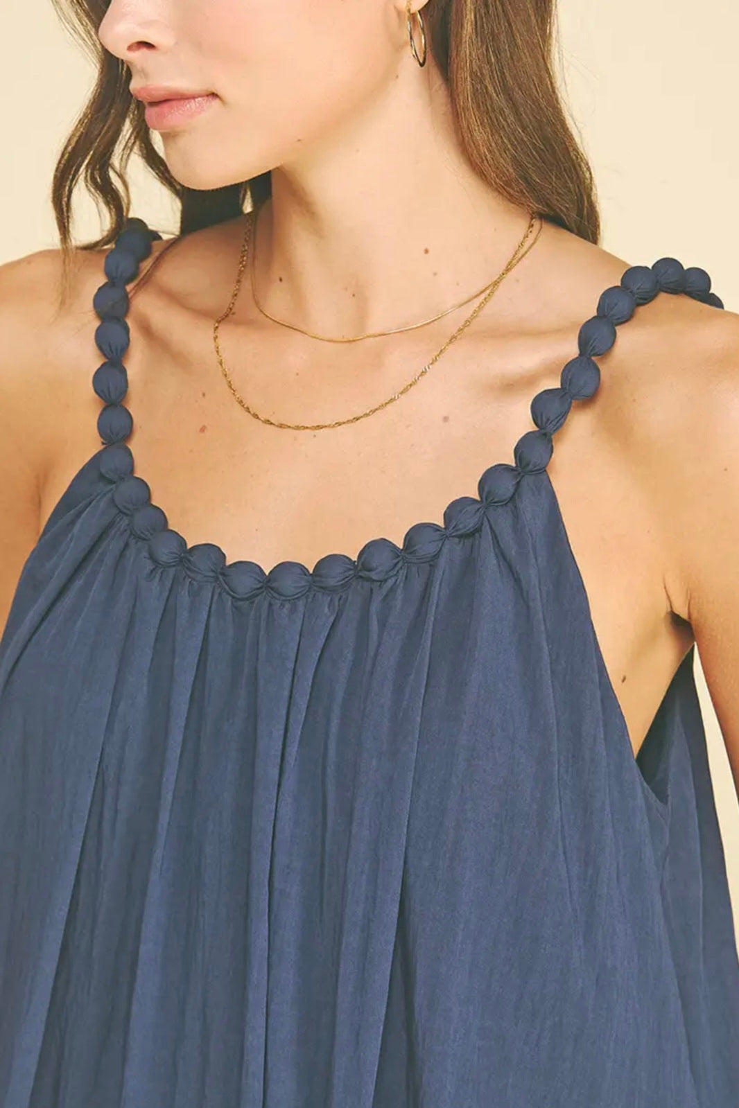 Solid Maxi Dress with Ball Trim Neckline - Deep Navy