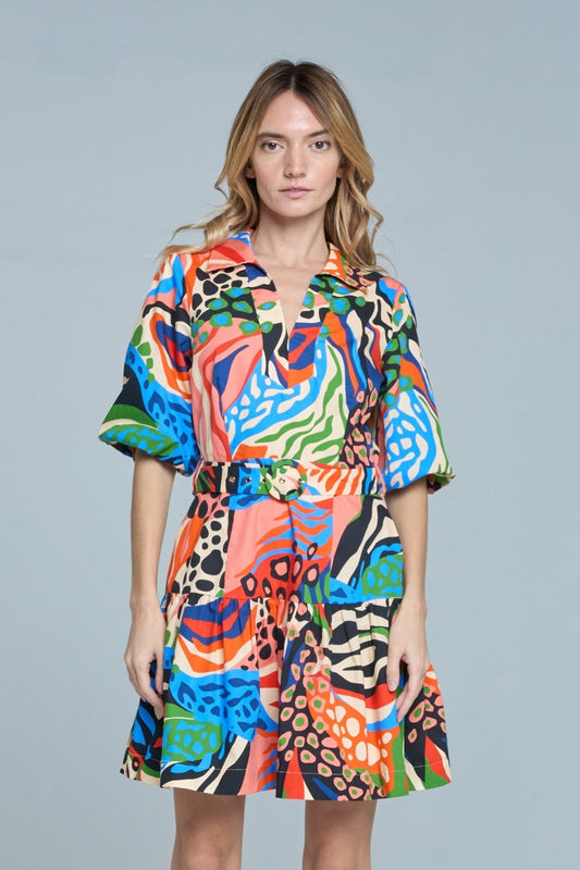 Azula Printed Bubble Sleeve Mini Dress - Multicolor
