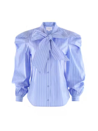 The Long Sleeve French Bow Shirt - Blue/White/Red Micro