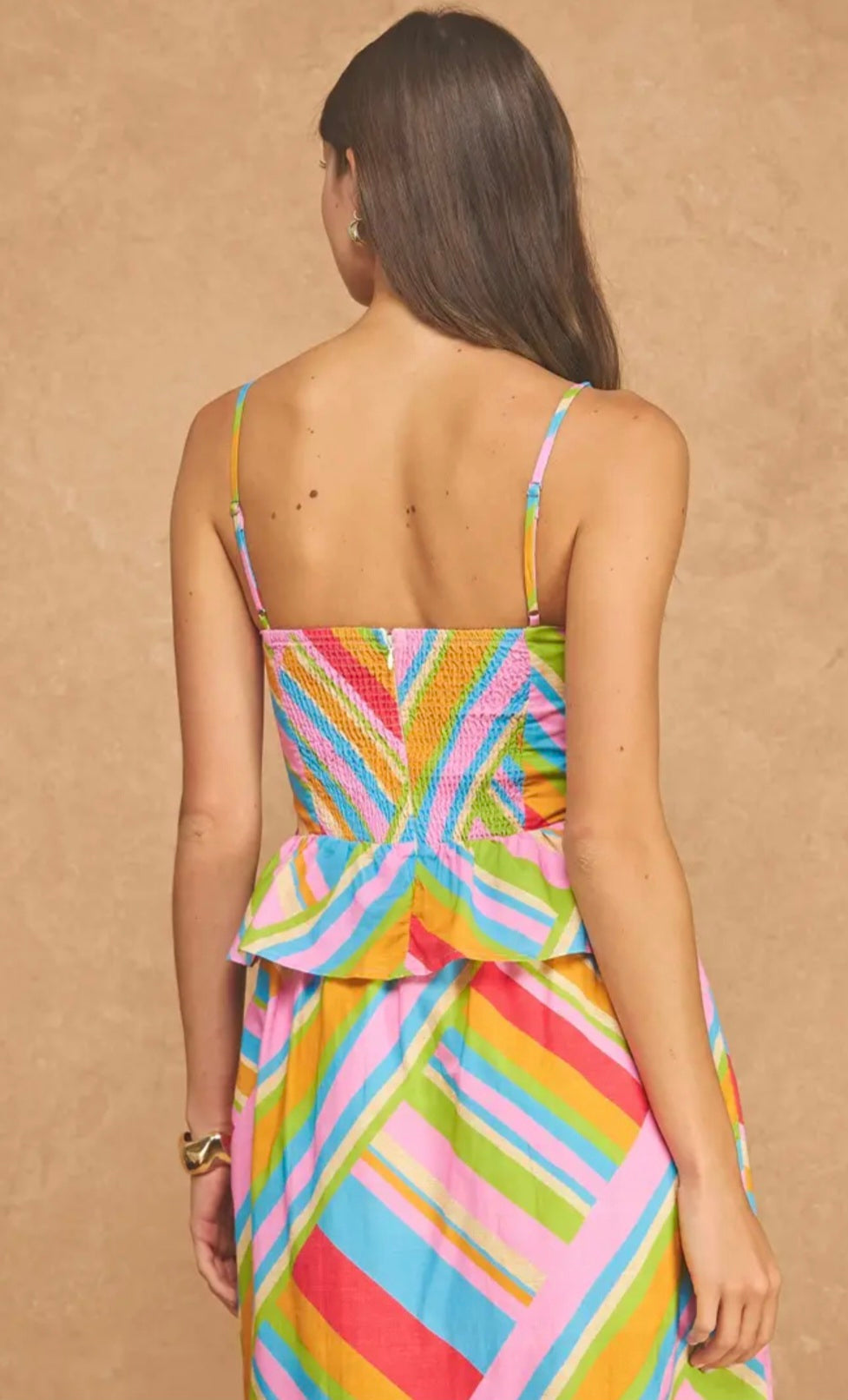 Vibrant Geometric Stripe Two-Piece Peplum Midi Skirt Set - Sand Multi
