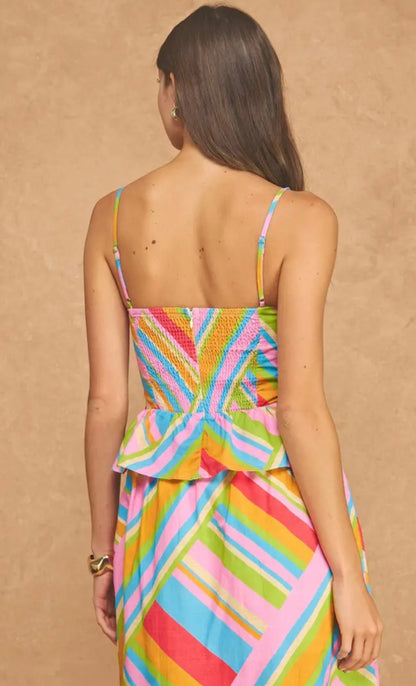 Vibrant Geometric Stripe Two-Piece Peplum Midi Skirt Set - Sand Multi