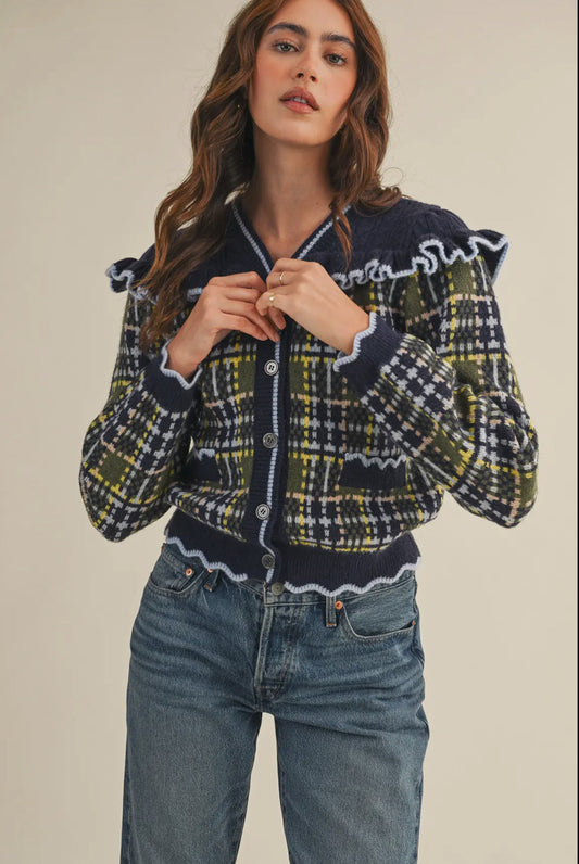 Plaid Ruffle Sweater - Navy