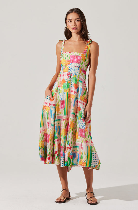 ASTR - Shiann Patchwork Print Midi Dress - Pink/Yellow/Multi