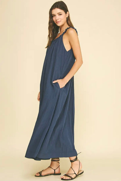 Solid Maxi Dress with Ball Trim Neckline - Deep Navy
