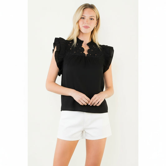 Flutter Sleeve Top w/ Embellished Yoke - Black