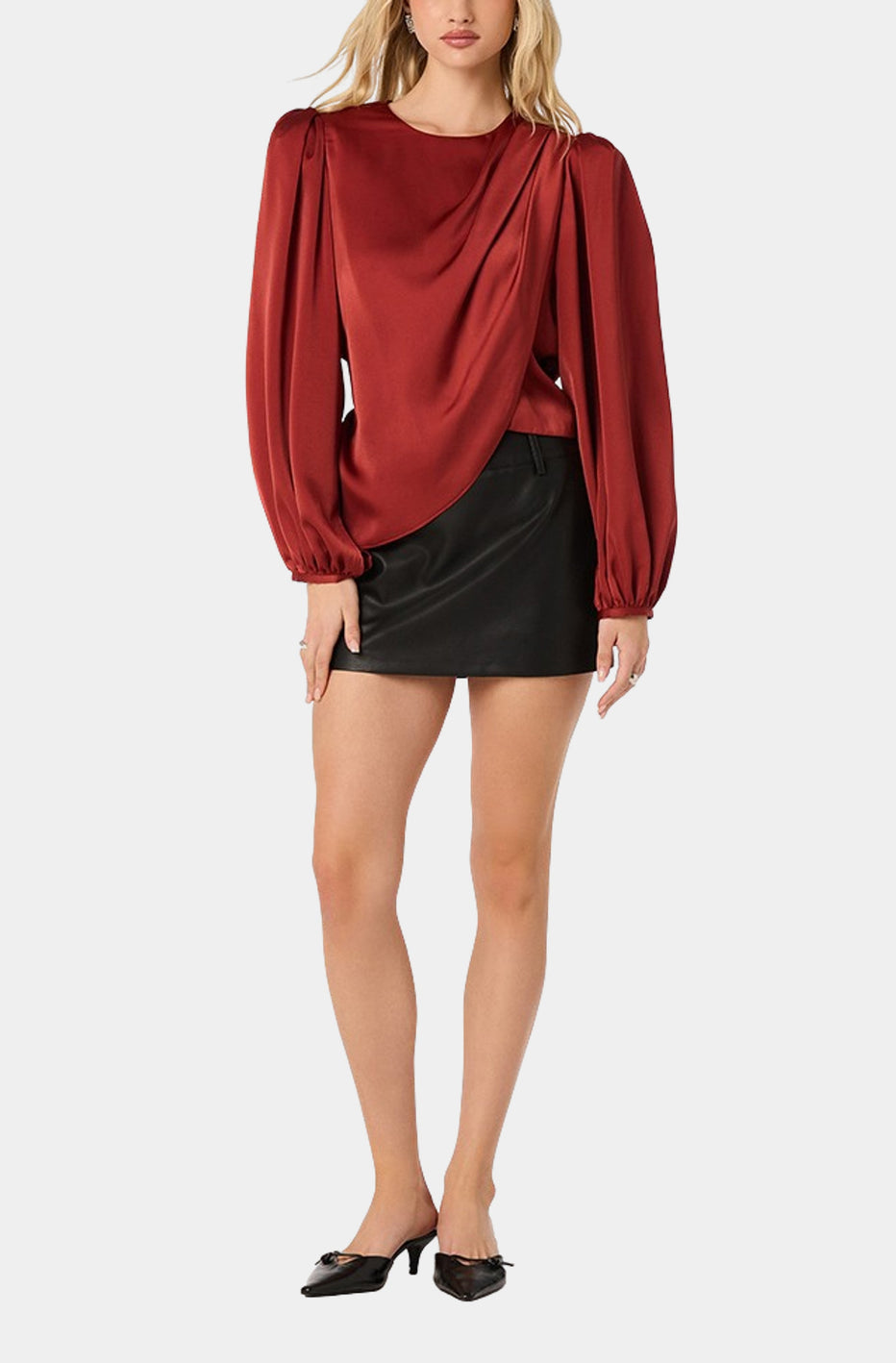 Beatrice Satin Faux-Wrap Blouse - Scarlet