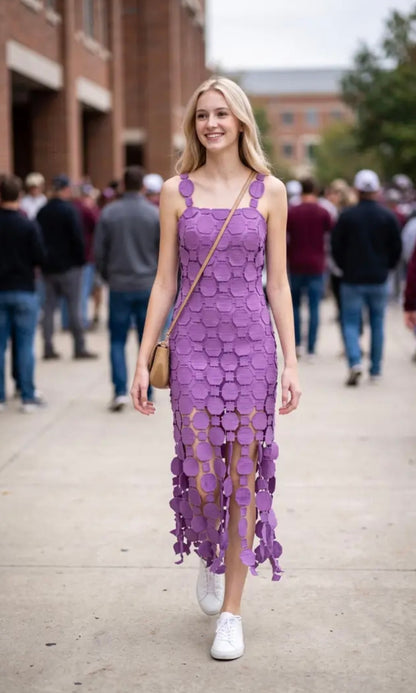 3D Lace Appliqué Fringe Hem Bodycon Midi Dress - Purple