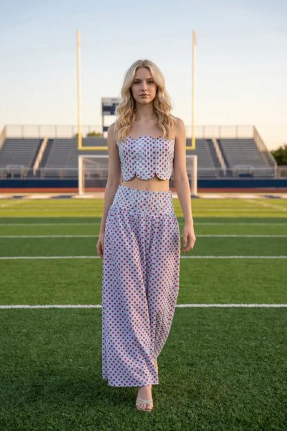 Trim Appliqué Crop Top and Polka Dot Maxi Skirt Set - Powder Blue/Red
