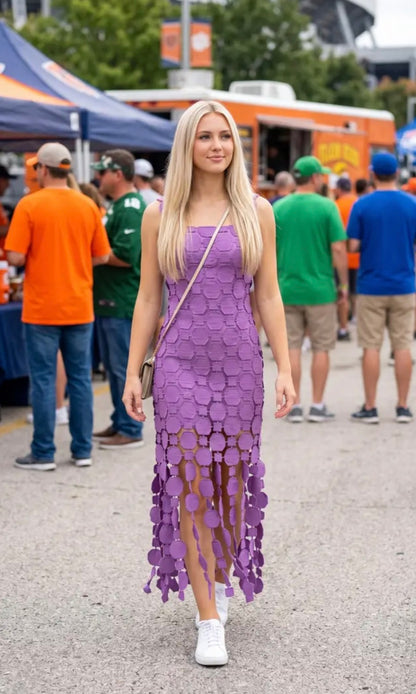 3D Lace Appliqué Fringe Hem Bodycon Midi Dress - Purple