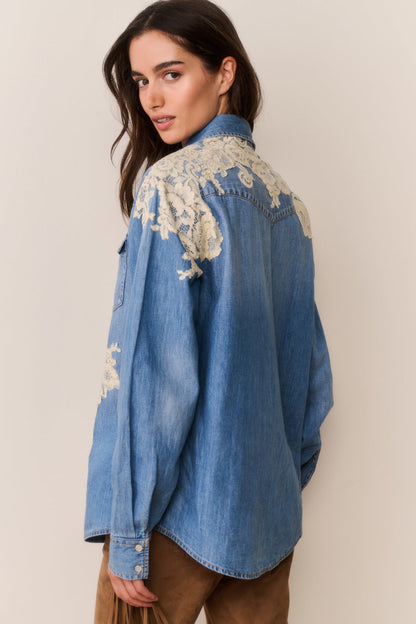 Kelith Lace Appliqué Chambray Shirt - Denim