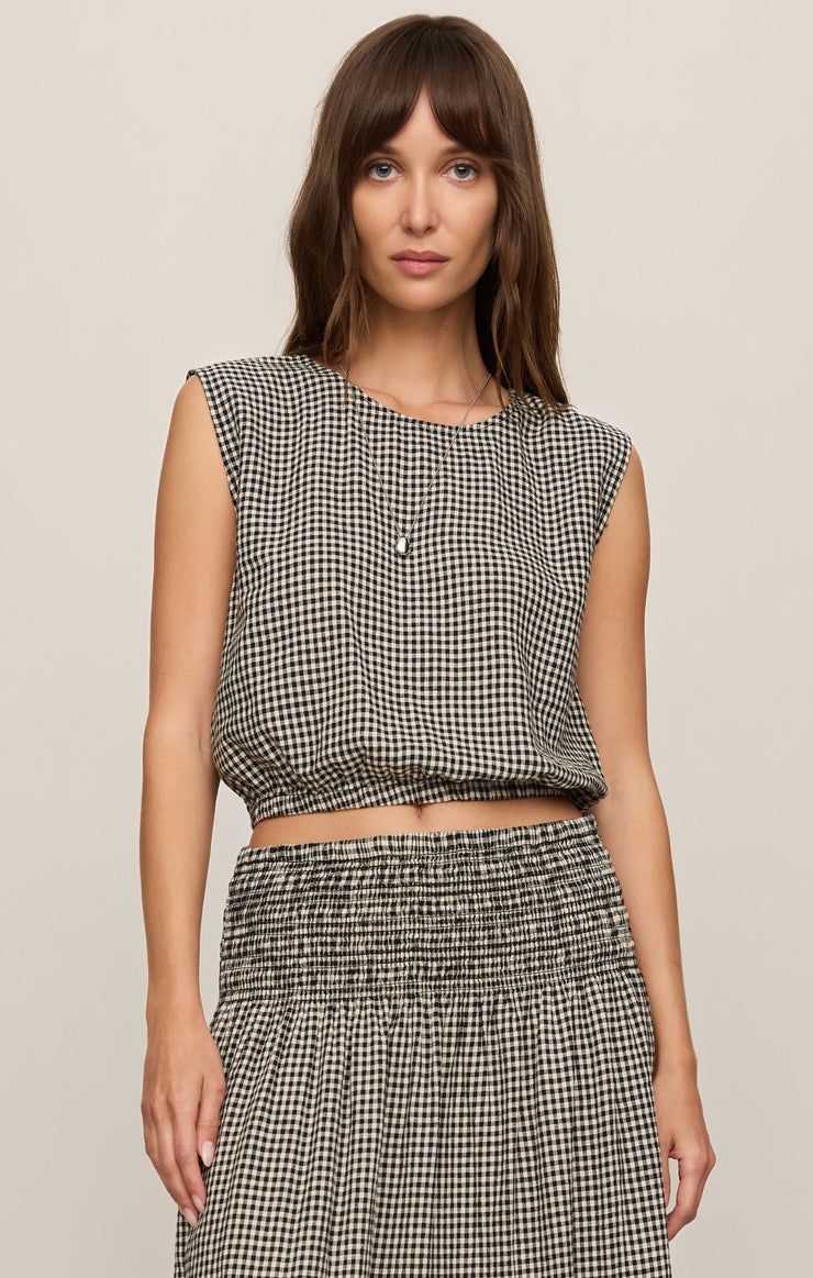 Merit Cropped Gingham Linen Top - Black