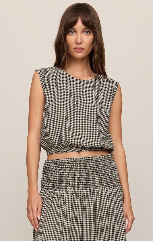 Merit Cropped Gingham Linen Top - Black