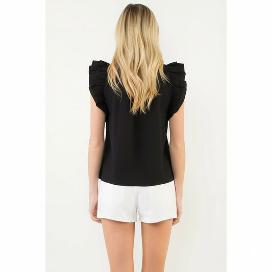 Flutter Sleeve Top w/ Embellished Yoke - Black