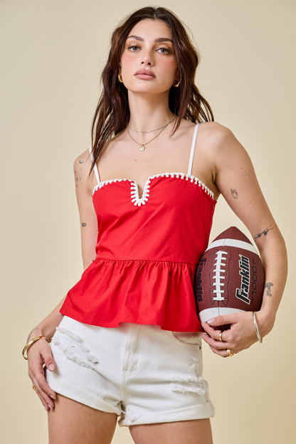 Peplum Game Day Top w/Contrast Stitching Detail - Red