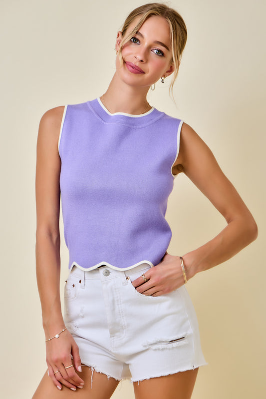 Scalloped Hem Top - Lavender/White