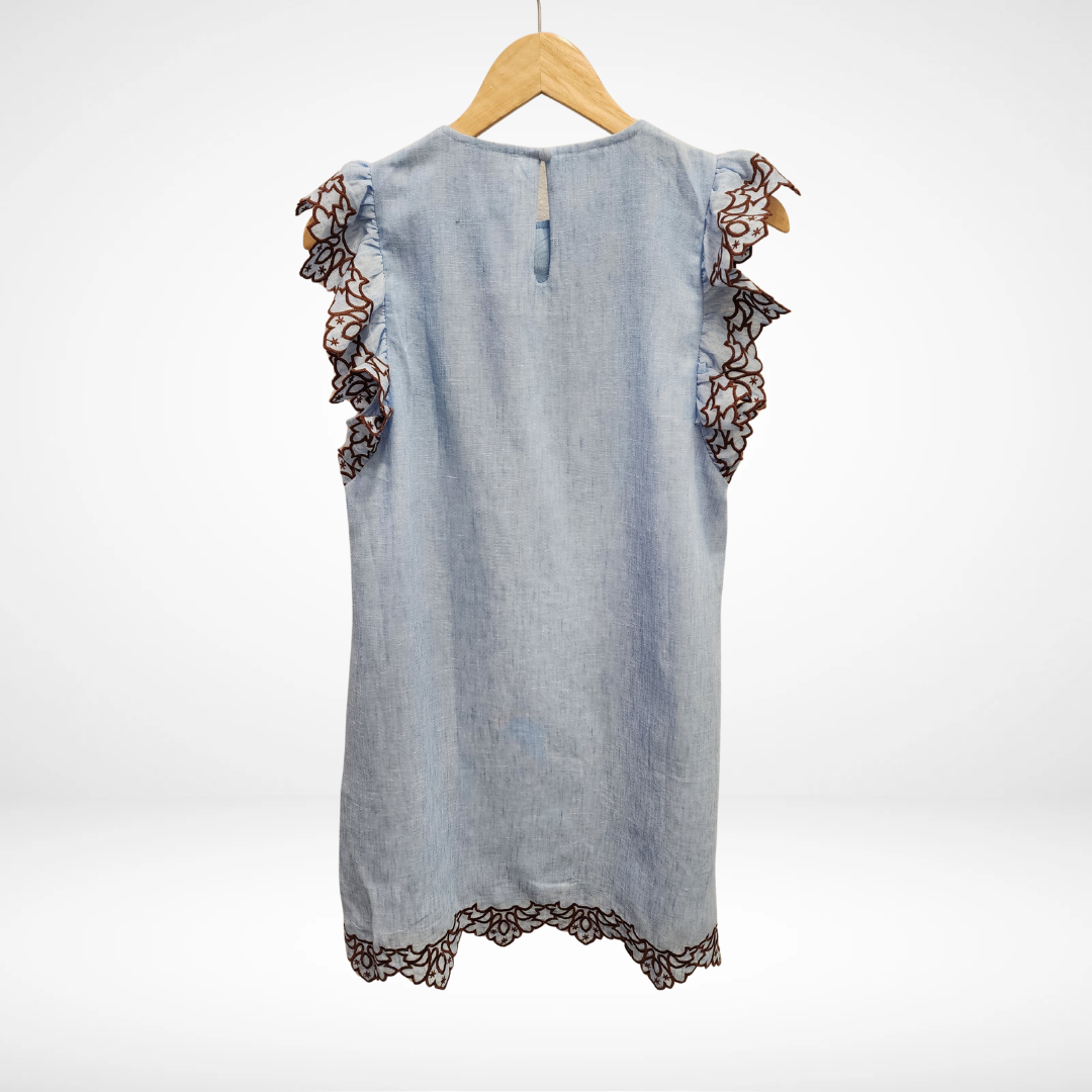 Flutter Sleeves Embroidery Detail Dress - Light Blue - Spinout