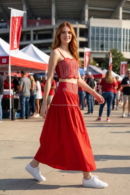 Exclusive Lace Trimmed Top & Skirt Set - Red/White