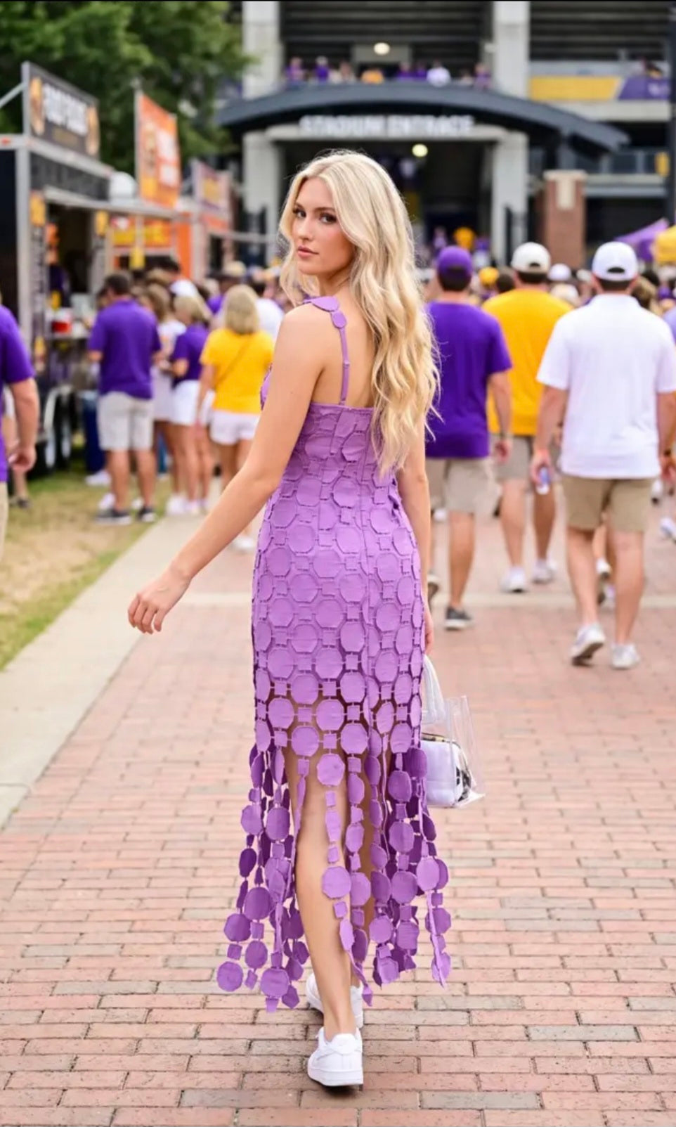 3D Lace Appliqué Fringe Hem Bodycon Midi Dress - Purple