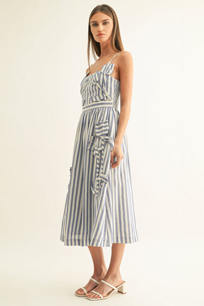 Emilia Striped 3D Floral Detail Midi Dress - Blue/White
