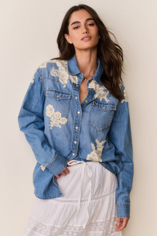 Kelith Lace Appliqué Chambray Shirt - Denim