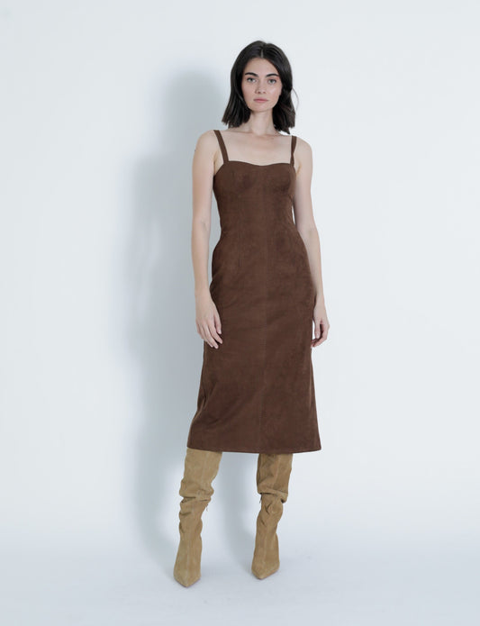 Olivia Suede Midi Dress - Chocolate Brown